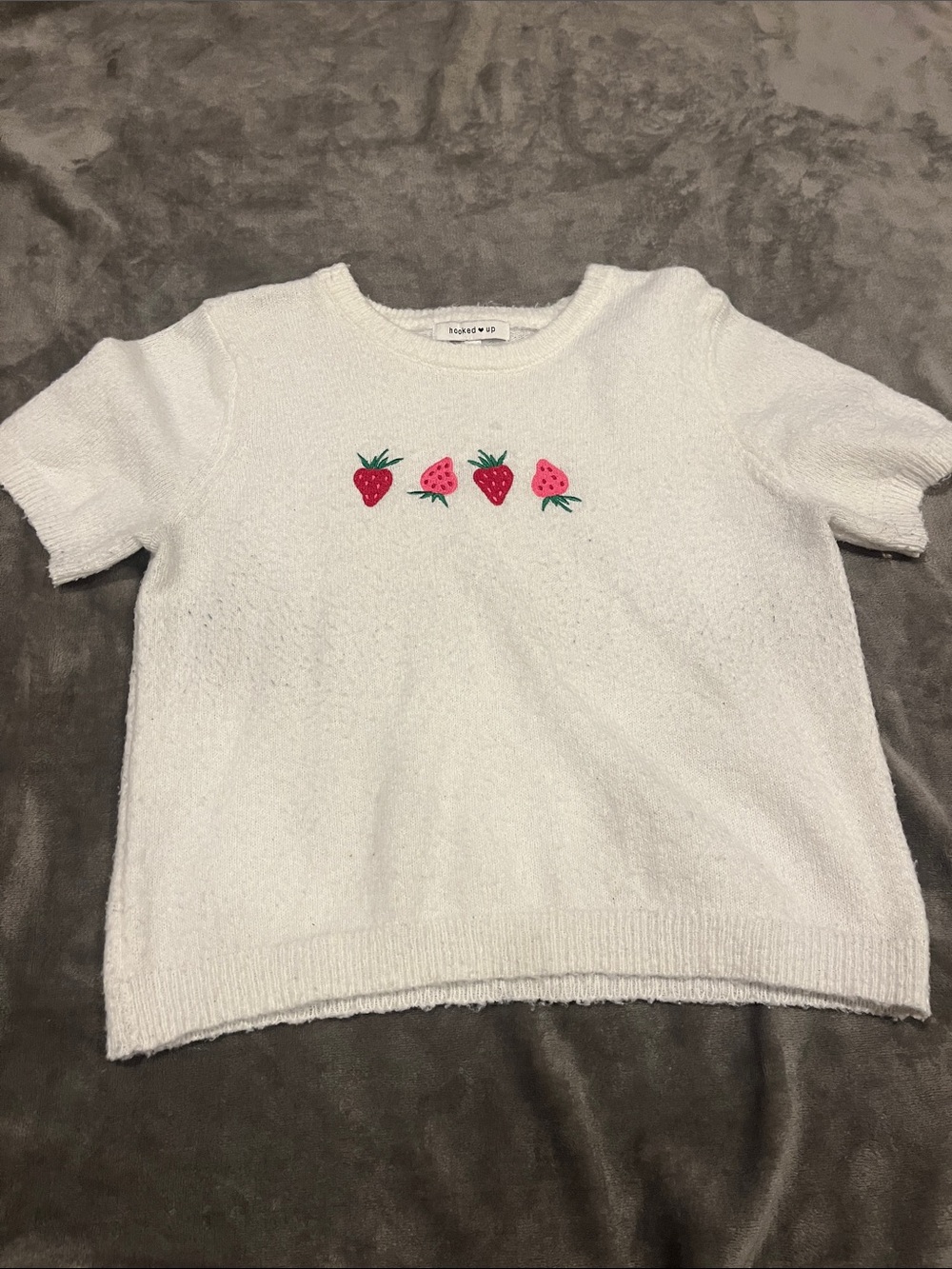 Hooked Up by IOT White Short-Sleeve Sweater with Strawberry Embroidery